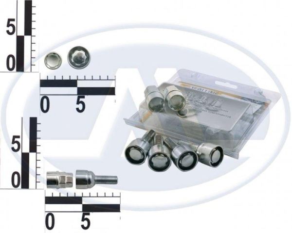 Болт 12х28 коліс хром сфера секретки (вращ. кільце, 2 ключі) (ш 1.5) (4 шт.) (блистер) 385111 Х2 (вир-во WALLINE)