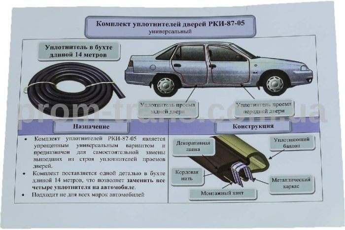 Комплект уплотнителей проемов дверей DAEWOO: Matiz, Espero, Nubira, Nexia PKИ-87-05 (14 метров)
